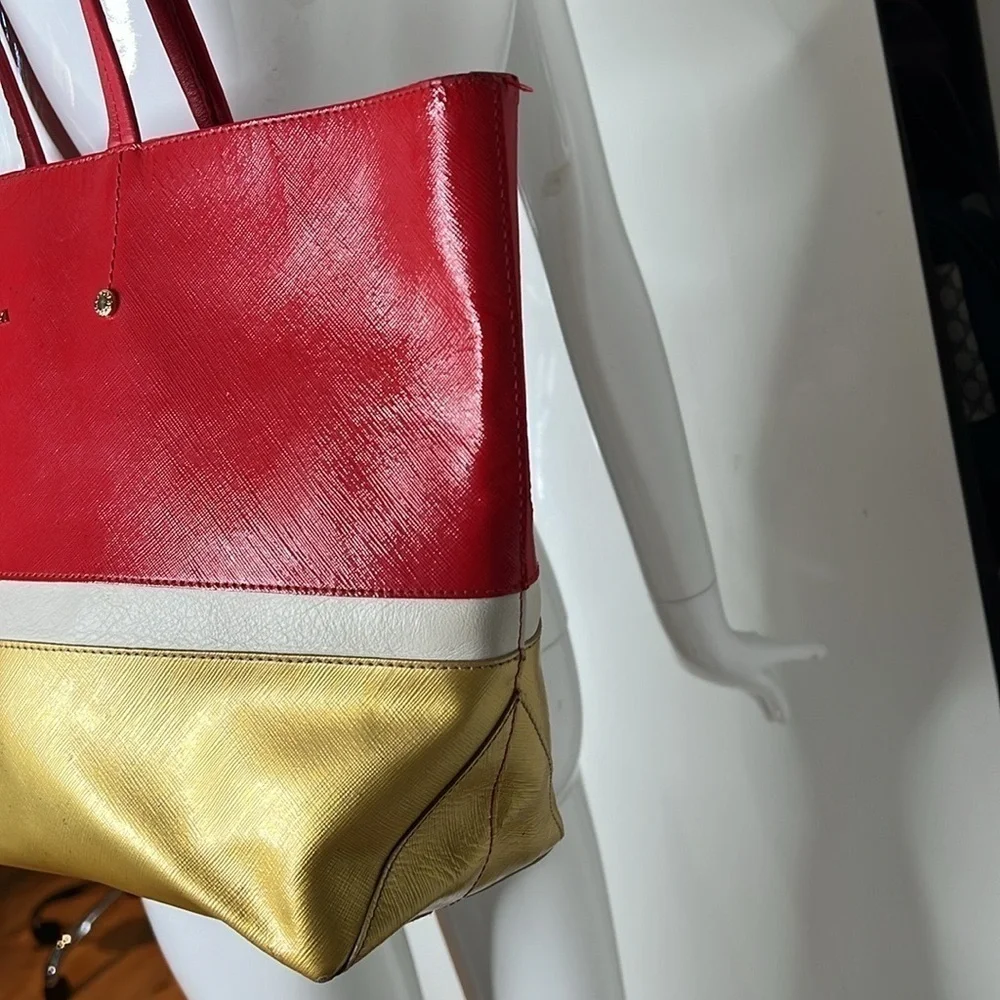 Furla Melissa Leather Tote Shoulder Bag Red White Gold